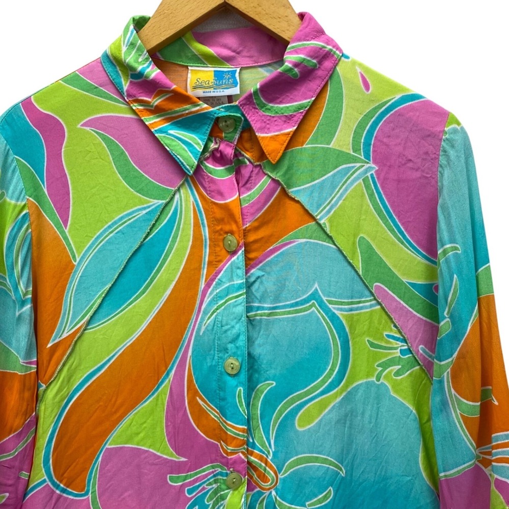 SeaSuns Vintage Rayon Button Up Shirt Womens Large Pink Green Abstract Tropical